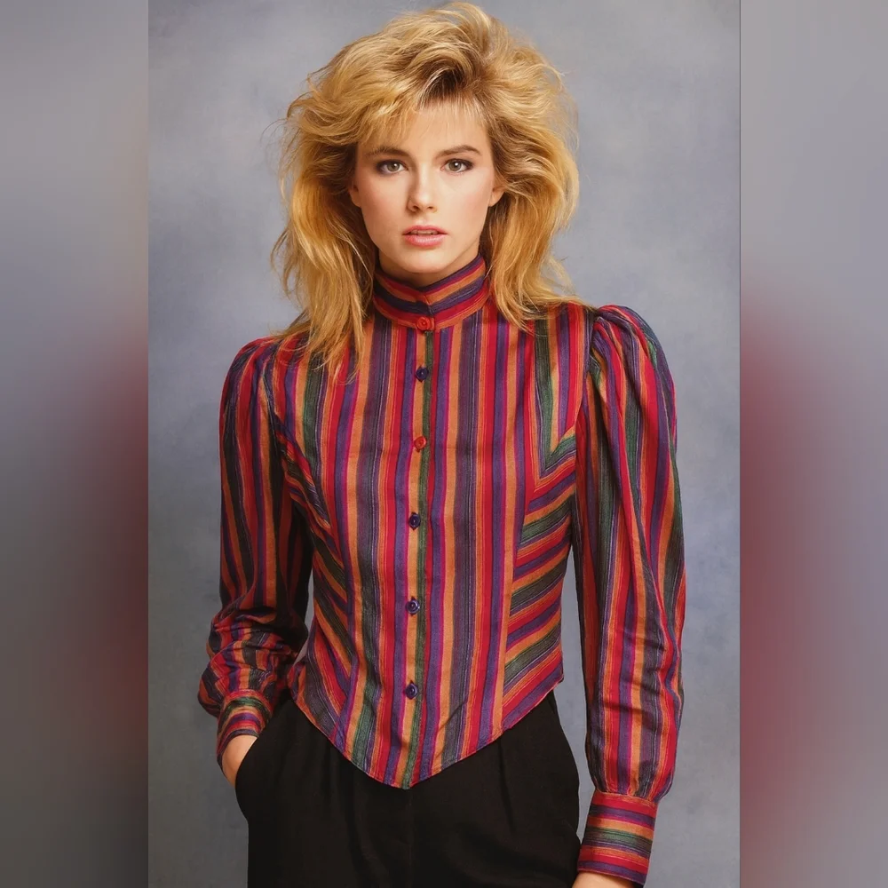 1980s Sasha Striped Print Puffed‎ Long Sleeve Acetate Blouse Shirt Top